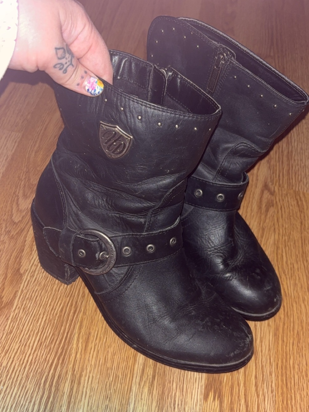 Harley-Davidson Black Leather Mid-Calf Heeled Boots with Studs